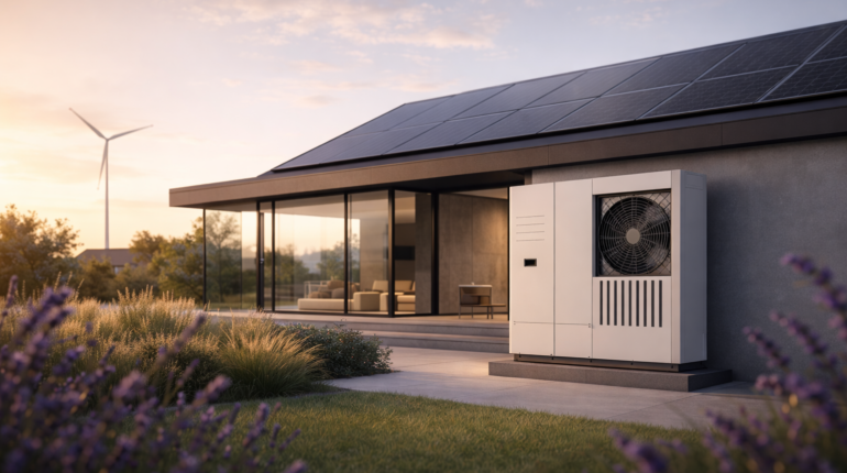 Obrázok moderného domu s fotovoltaickými panelmi a tepelným čerpadlom